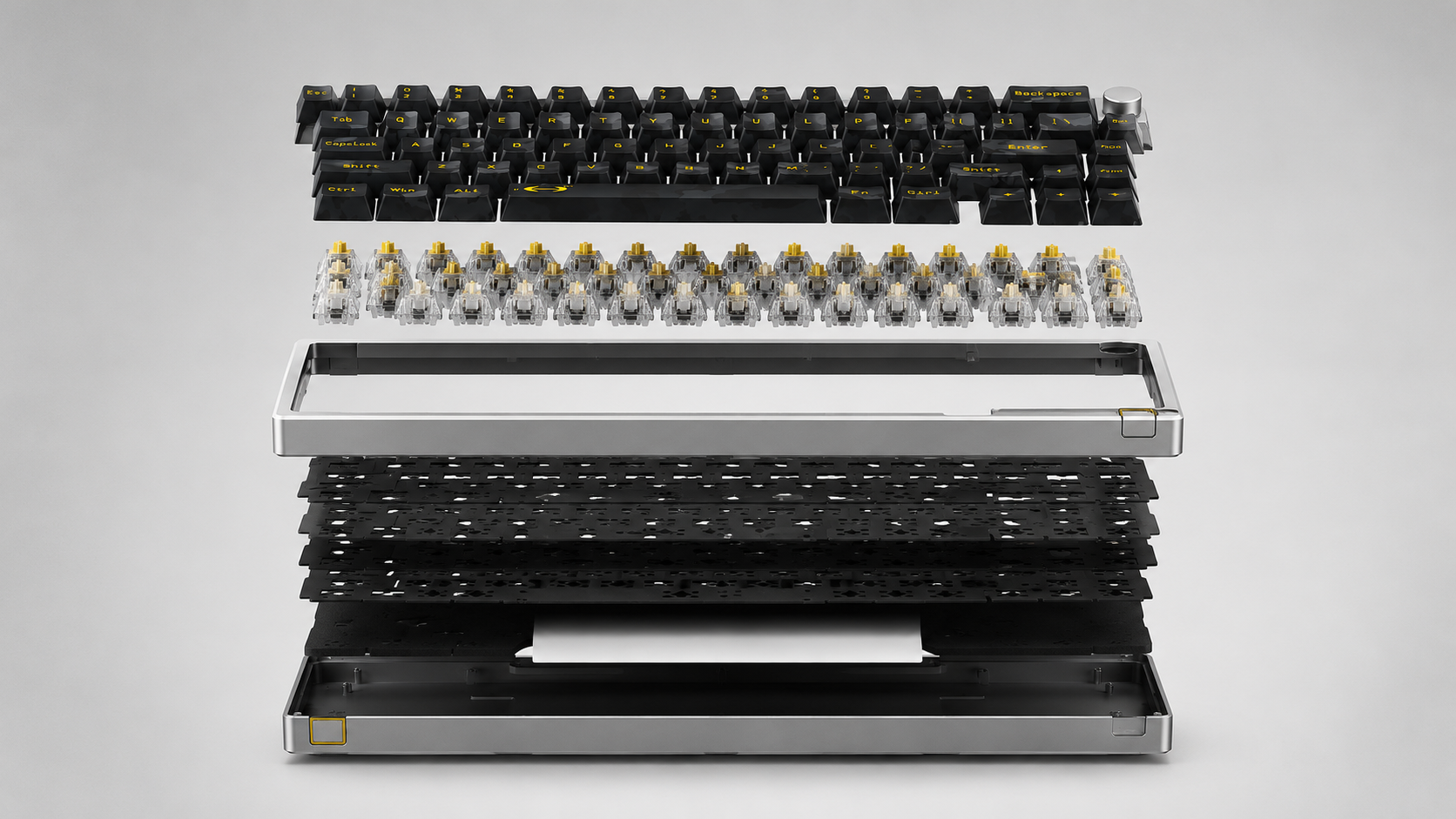 Exploded studio render of the Canary C01 — keycaps, switches, CNC aluminum frame, plate stack, and die-cast bottom case separated in mid-air