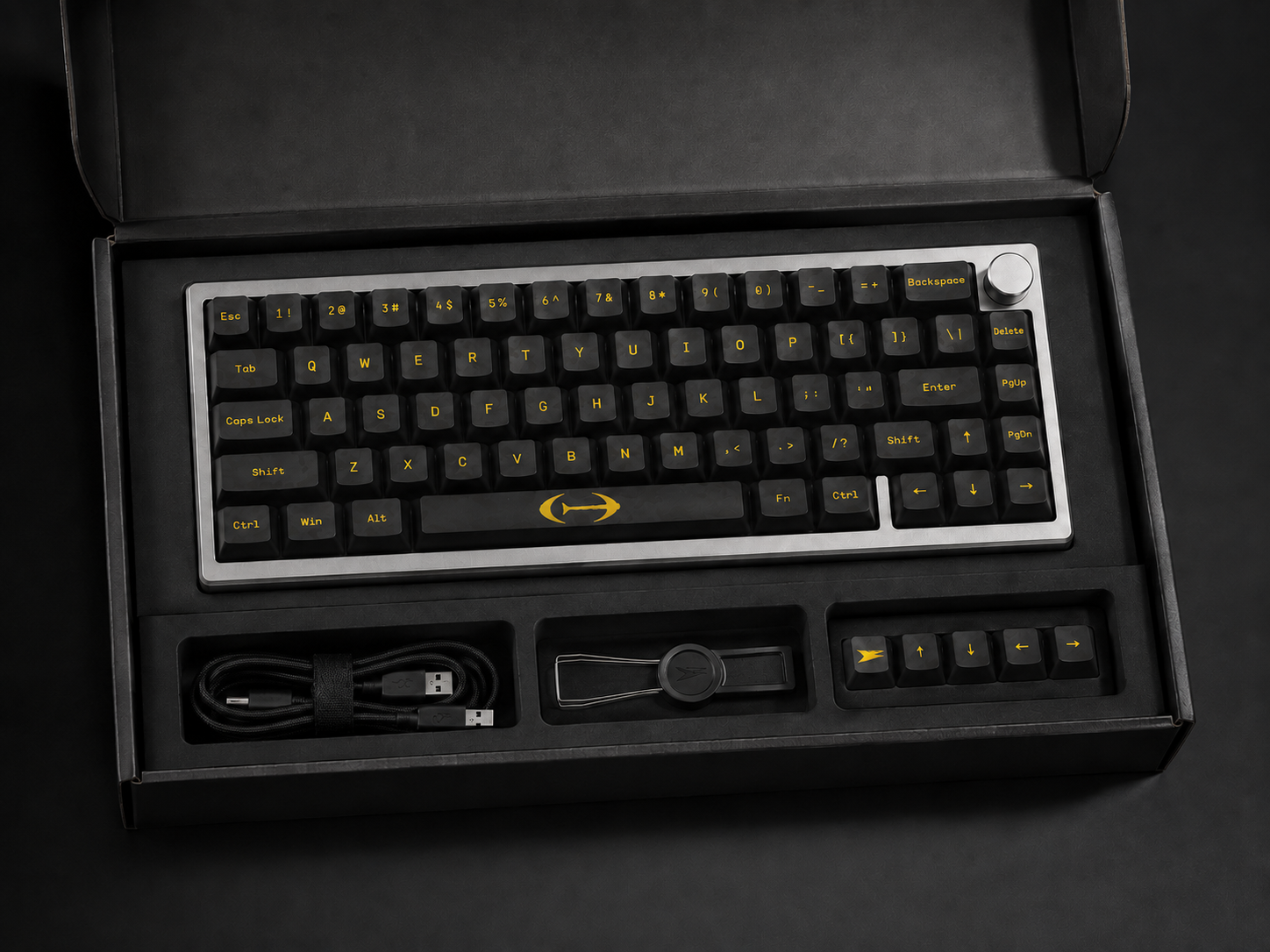 Canary C01 in its open presentation box, with the braided USB-C cable and the switch puller in the tray below