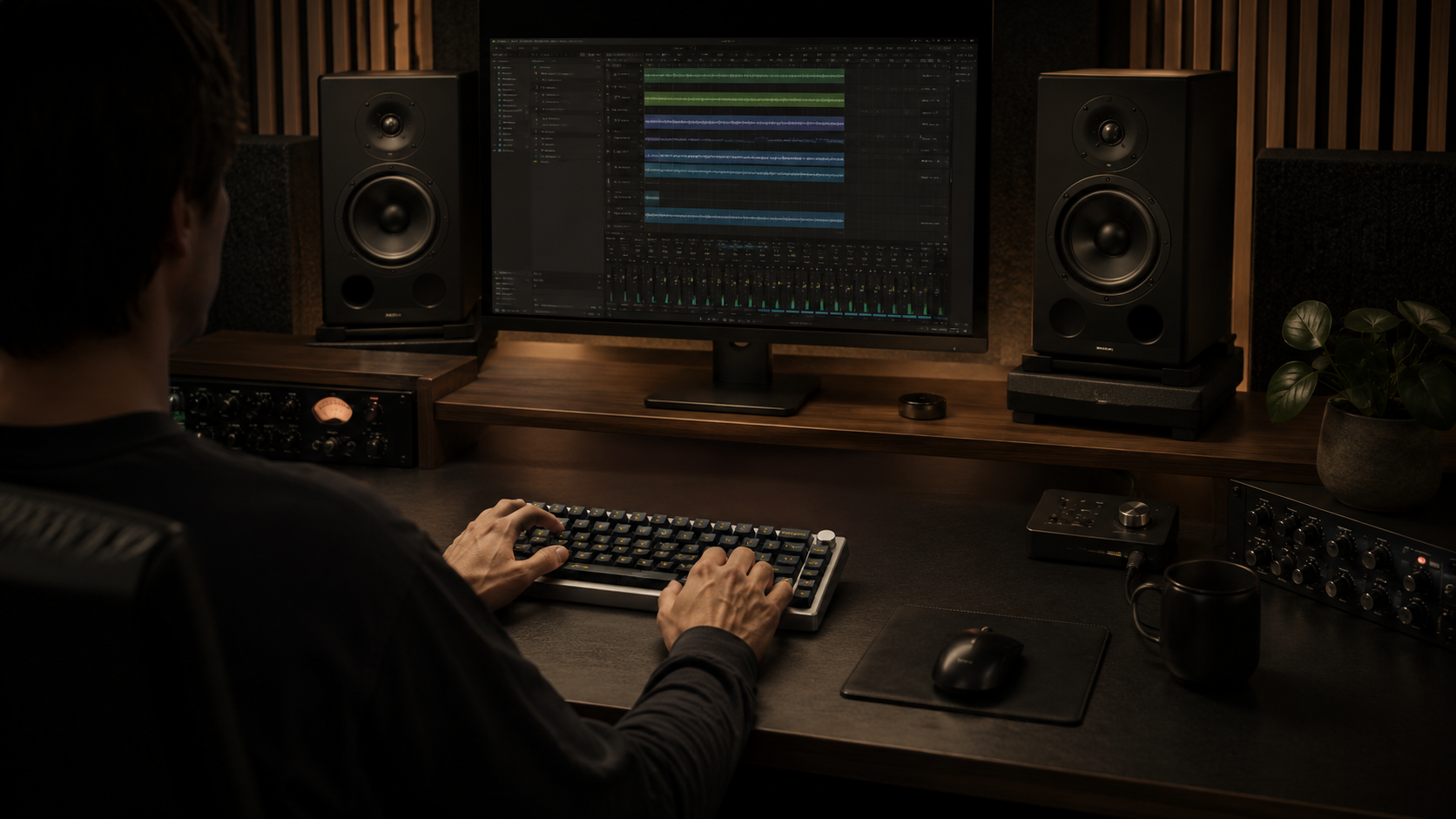 Producer at a studio desk typing on the C01 between two nearfield monitors
